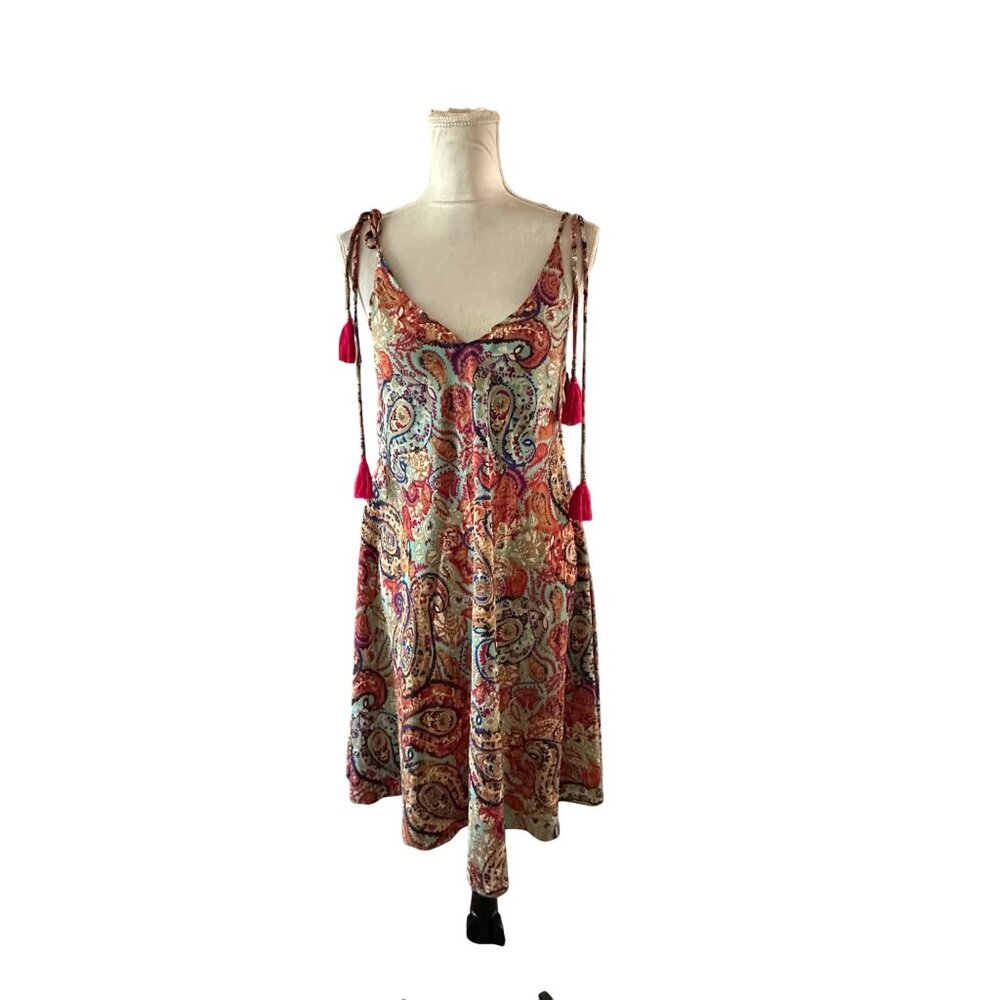 Bohemian Paisley Sleeveless Tie-Strap Dress Adjustable Tassels Lightweight Flowy
